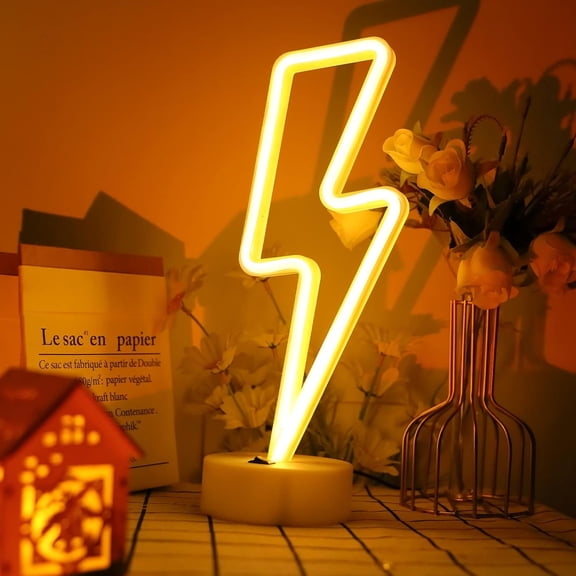 YJYASX-Lightning Neon Signs Warm White Decoration Art LED Lightning Neon Lights with Base Indoor for Living Room Office Christmas Wedding Party Bolt Battery Operated and USB Powered Night Lights