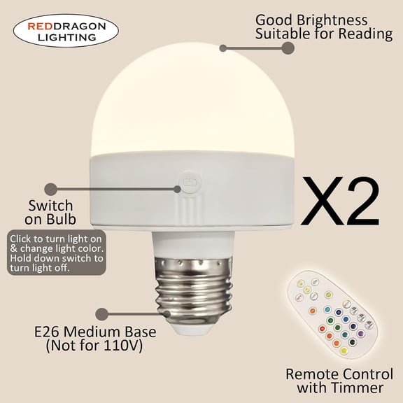 YJYASX-Long Battery Life LED Light Bulbs E26 Rechargeable with Remote and Button Switch, Emergency Low Voltage Bulb Battery Operated with Type-C Charging Port RGB Dimmable for Cordless Light Fixture