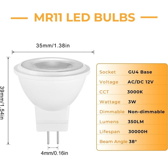 YJYASX-MR11 LED Bulb 3W 12V AC/DC Low Voltage LED Spotlights, 20W 25W 35W Halogen Equivalent, Warm White 3000K GU4 Bi-Pin Base Light Bulbs for Landscape Accent Recessed Track Lights, 6-Pack