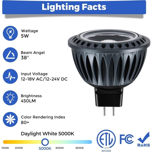 YJYASX-MR16 LED Light Blub, 5W 5000K Daylight White 450 Lumens Dimmable, Aluminum Housing, Low Voltage 12V Input,GU5.3 bi-pin Light Bulbs for Landscape &Accent Lighting, Indoor/Outdoor Use,6-Pack