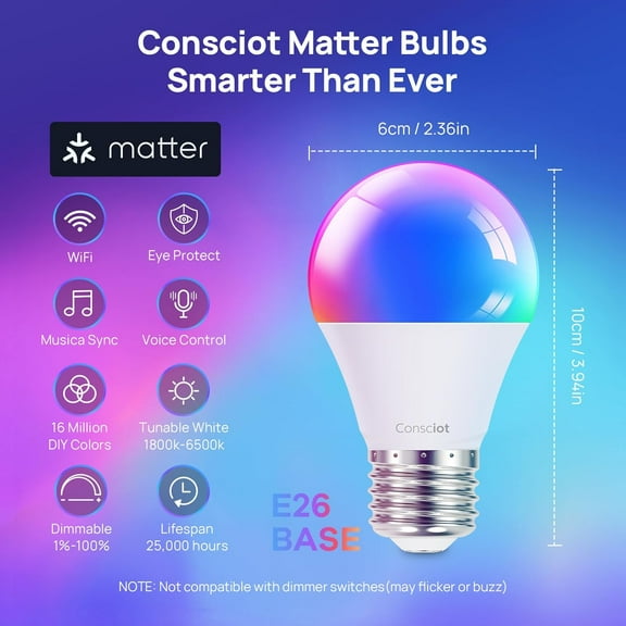 YJYASX-Matter WiFi Smart Light Bulbs Works with Alexa/Google Home/Apple Home/Siri/SmartThings, RGBTW Color Changing LED Light Bulb That Music Sync, A19 E26 60W Equi, 2.4Ghz WiFi&Bluetooth, 2 Pack