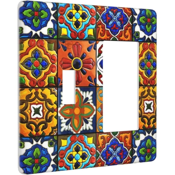 YJYASX-Mexican Talavera Ceramic Pattern 2 Gang Single Toggle/Rocker Combination Light Switch Cover Decorative Wall Plate Electrical Faceplate for Home Art Decorate 4.5" x 4.5