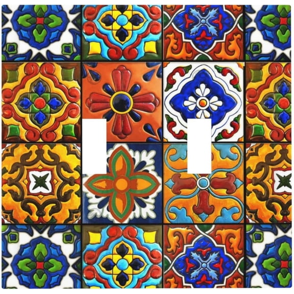 YJYASX-Mexican Talavera Ceramic Pattern Light Switch Cover Decorative 2 Gang Wall Plate Double Toggle Electrical Switchplate Faceplate for Bathroom Home Living Room Decor