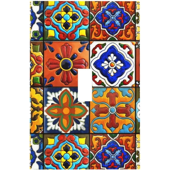 YJYASX-Mexican Talavera Ceramic Pattern Single Toggle Light Switch Plate 1 Gang Decorative Wall Plate Cover Electrical Switchplate Faceplate for Bedroom Room Decorate
