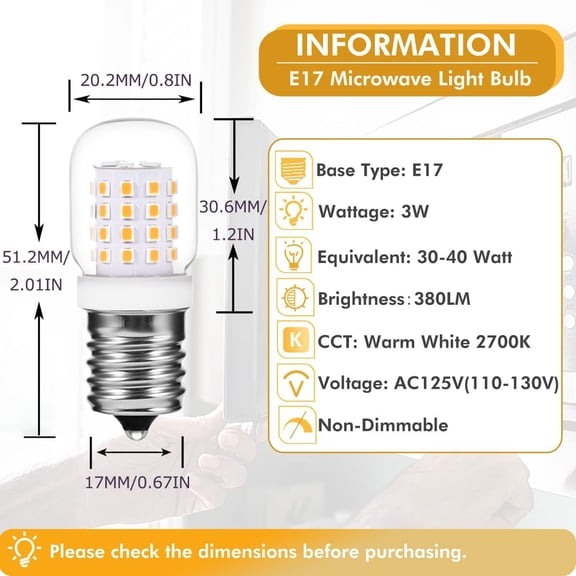 YJYASX-Microwave Oven Light Bulb E17 Base 3W 125V E17 LED Bulb 40W Equivalent, E17 Base Bulb for Oven Stove Top Range Hood Appliance Replacement Light Warm White 2700K (Pack of 2)