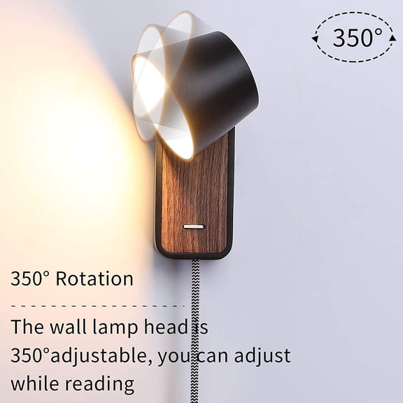 YJYASX-Modern Wall Lamp with Plug in Cord for Bedrooms Hallway Living Room, Indoor Contemporary Mounted Lighting Fixture,Nordic Bedside Rotatable Reading Lights, Up Down Black Wooden Sconces with Swi