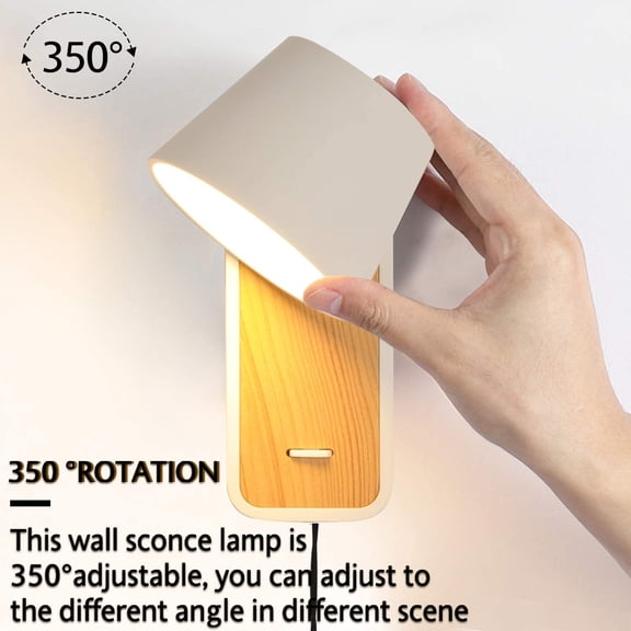 YJYASX-Modern Wall Lamp with Plug in Cord for Bedrooms Hallway Living Room, Indoor Contemporary Mounted Lighting Fixture,Nordic Bedside Rotatable Reading Lights, Up Down White Wooden Sconces with Swi