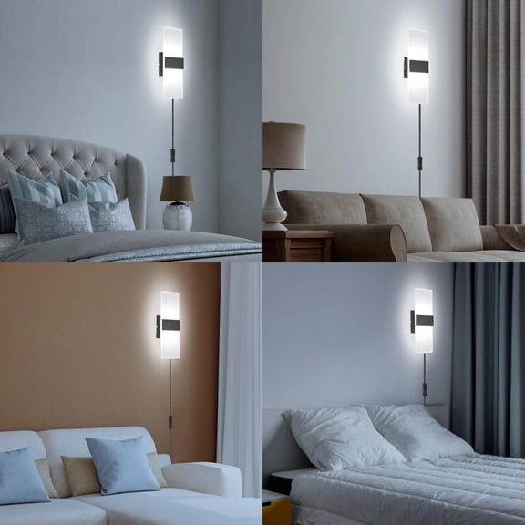 YJYASX-Modern Wall Sconce, Wall Sconce Plug in 12W LED 6000K Cool White Acrylic Wall Mounted Light Wall Lights with 6FT Plug in Cord and On/Off Switch on The Cord(1 Pack, Black)