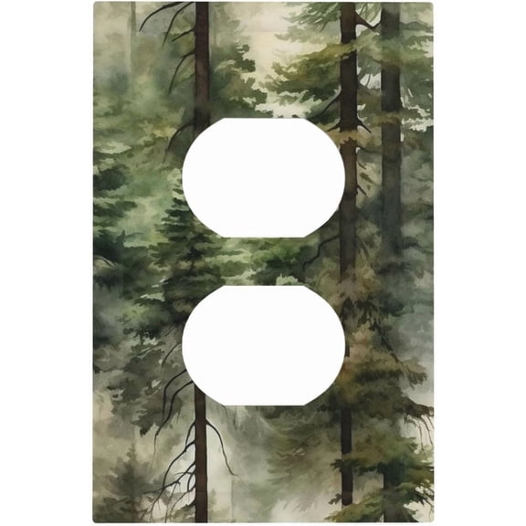 YJYASX-Mountain Forest Misty Pine Tree 1-Gang Duplex Wall Plate Dual Device Electrical Receptacle Outlet Covers Dark Green Foggy Woodland Landscape Decorative Light Switch Faceplate Socket Faceplate
