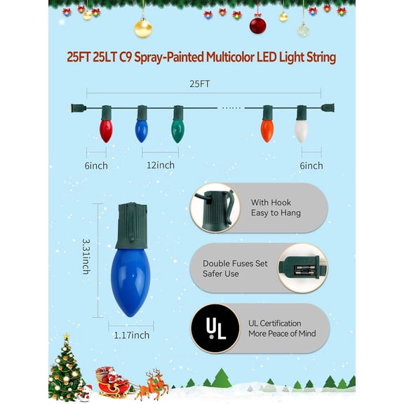 YJYASX-Multicolor LED Christmas Decorations - 25FT 25 C9 Bulb Indoor Outdoor String Lights, Waterproof & Connectable, UL Certified Green Wire Lights for Christmas Tree, Home, and Garden
