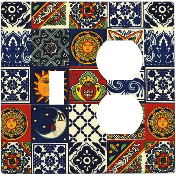 YJYASX-Mystic Boho Blue/Red Hippie Sun and Moon Mosaic 2-Gang 1-Toggle 1-Duplex Device Combination Wallplate Mexican Talavera Tile One Toggle Switch and One Duplex Receptacle Outlet Combo Light Switc
