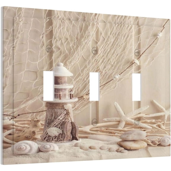 YJYASX-Nautical Beach Lighthouse Shell 3 Gang Light Switch Plate Decorative Triple Toggle Wall Plate Cover Electrical Faceplate Switch Face Plate