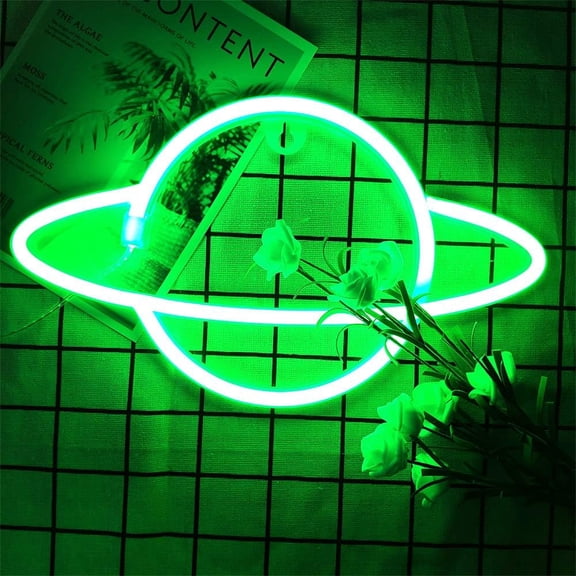 YJYASX-Neon Signs Planet Wall Green Night Lights Wall Decor Space Planet Hanging Neon Light for Home Bedroom Bar Club Christmas Wedding Party (Green)