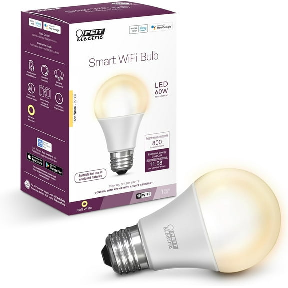 YJYASX-OM60/927CA/AG 60W Equivalent WiFi Dimmable, No Hub Required, Alexa Google Assistant A19 Smart LED Light Bulb, 4.4" H x 2.3" D, 2700K Soft White