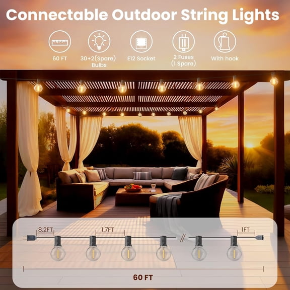 YJYASX-Outdoor String Lights 60 ft, G40 Led Patio Globe Lights with 32pcs Plastic Bulbs,Shatterproof Waterproof Connectable Hanging for Porch Cafe Bistro Backyard Gazebo Balcony Deck Party