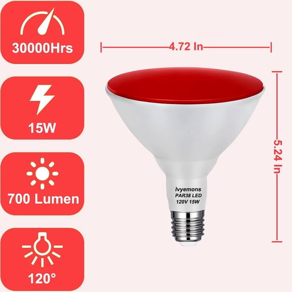 YJYASX-PAR38 Red Light Bulb Dimmable, 2 Pack High Output 700Lumens LED Bulb PAR38 15W Equivalent 100W 120V, E26 Base, Red PAR 38 Flood Light Bulbs with CRI85+ for Christmas, Halloween, Porch Party