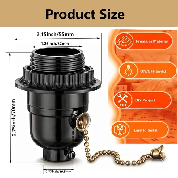 YJYASX-Phenolic Medium Base Light Socket with Pull Chain Switch,3 Pack Black Period Style E26 E27 Edison Retro Pendant Lamp Holder (Full Uno Thread and Ring)