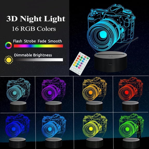 YJYASX-Photographer Gifts for Men, Camera 3D Night Light with Remote Control, 16 Colors Changing, Timer, Dimmable, RGB Flashing Mode, Photography Gifts Gifts for Men Women Christmas Decor