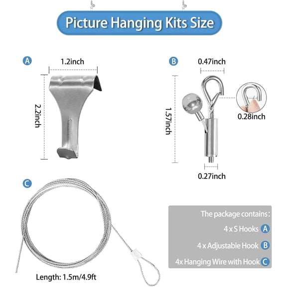 YJYASX-Picture Hanging Wire Kit, 4.9ft Picture Wire with Steel Ball Adjustable Hooks Heavy Duty 44lbs Photo Frame Vertical Hanging Hardware for Exhibition, Art Gallery Display, Billboards, Basket
