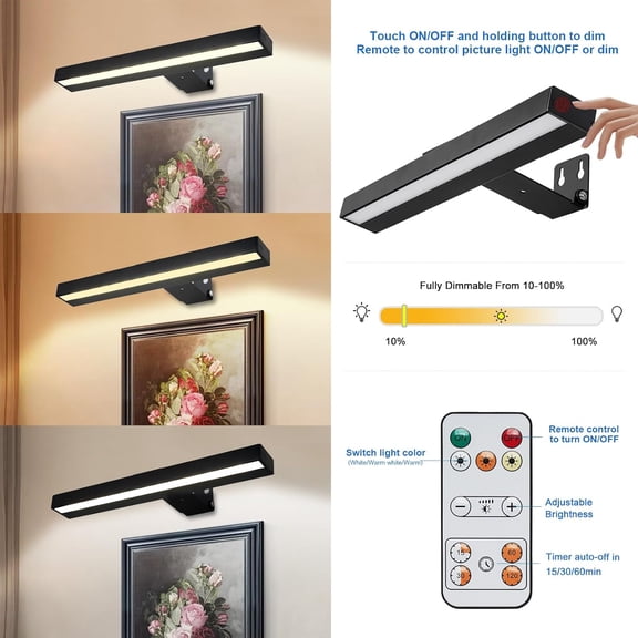 YJYASX-Picture Light, Rechargeable Picture Light for Paintings with Remotes, Wireless Picture Frame Light, 3 Lighting, 12Inch Battery Operated Art Light for Display, Picture-Black