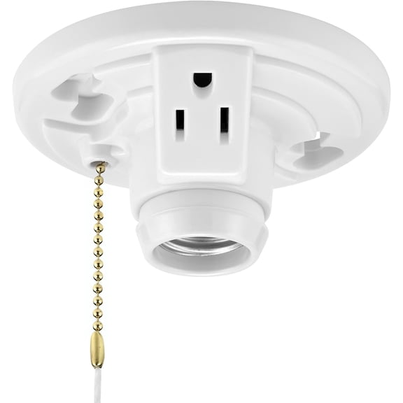YJYASX-Plastic Lamp Holder, w/Outlet & Pull Chain, One-Piece Medium Base, E26 Bulb Socket, Outlet Box Mount, 660W, Ceiling Lighting, Compatible with LED and Incandescent Light Bulbs - 2 Pack
