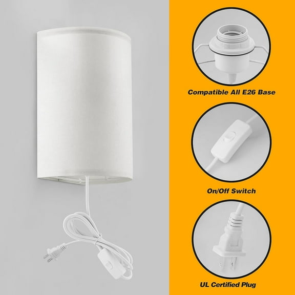 YJYASX-Plug in Wall Sconce, 3 Color, Set of Two, Industrial Wall Lamp with Plug in Cord, Rustic Fixture, On/Off Switch Vintage Wall Light Fixture for Headboard Bedroom Porch (White)
