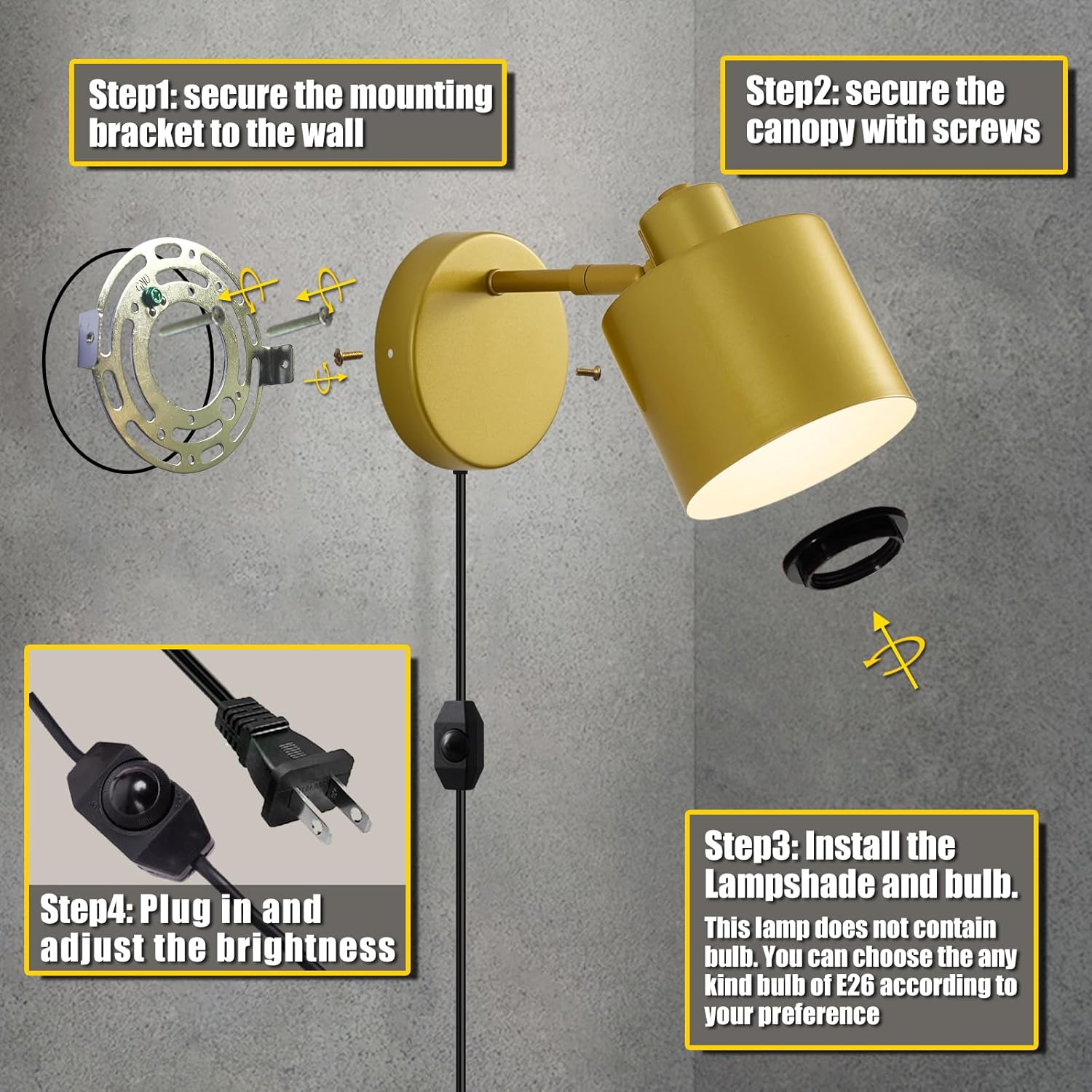 YJYASX-Plug in Wall Sconce with Switch, Dimmable Wall Lamp Plug in 350