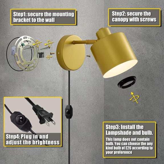 YJYASX-Plug in Wall Sconce with Switch, Dimmable Wall Lamp Plug in 350 Rotatable, Gold Wall Mounted Light for Restaurants Living Room Bedroom Stairway((Bulb Not Included)
