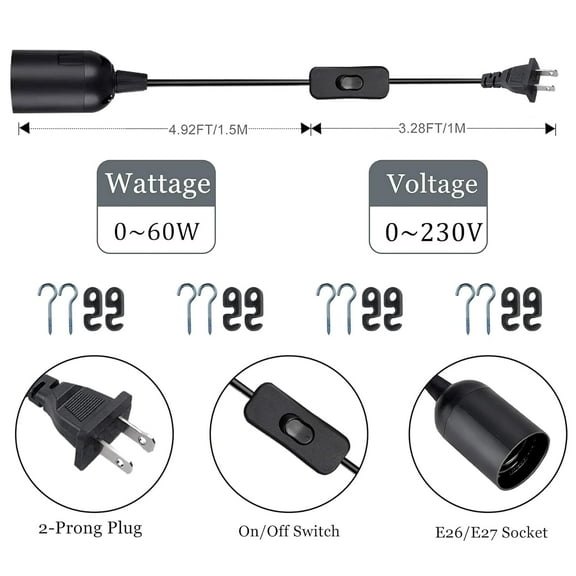 YJYASX-Plug in Light Socket - Pendant Hanging Lantern Cord - 8.2Ft Lamp Cord with Switch E26/E27 Extension Cable, Black Light Bulb Socket,4 Pack