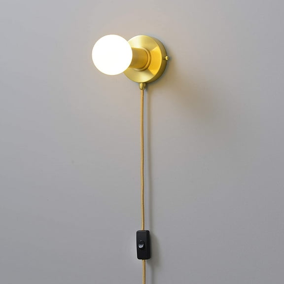 YJYASX-Plug-in Simple Ring Wall Sconce Light - Brushed Gold - Modern Minimalist Lighting for Apartments and Dorms - Mid Century Industrial Exposed Bulb Wall Lamp - 15Ft Fabric Cord (BW0005-1GP)