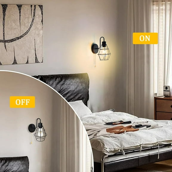 YJYASX-Pull Chain Wall Sconce Wire Cage Wall Light Fixtures with On Off Switch E26 Hardwired Black Metal Farmhouse Vintage Wall Lighting Indoor for Bedroom Living Room Kitchen (1-Light, No Bulb)