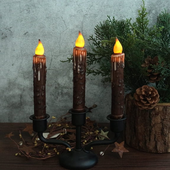 YJYASX-Real Wax Hand Dipped Battery Operated LED Timer Taper Candles Country Primitive Flameless Lights Dcor, 6-3/4 Inch, Brown, 2 PCS in a Package