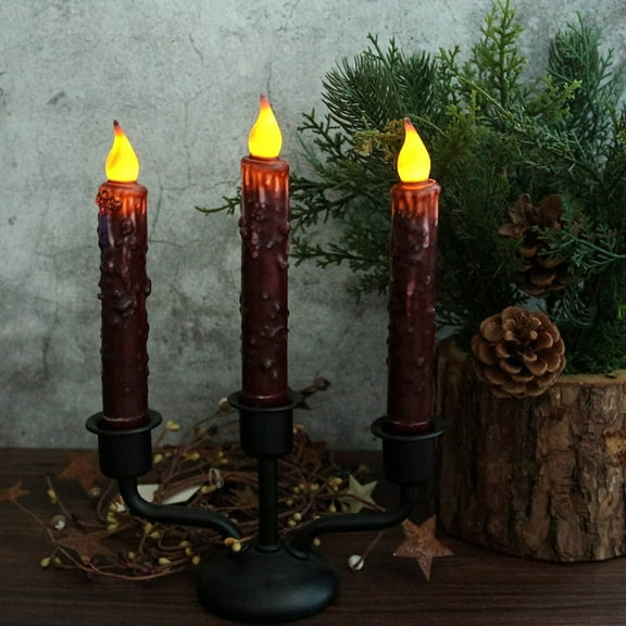 YJYASX-Real Wax Hand Dipped Battery Operated LED Timer Taper Candles Country Primitive Flameless Lights Dcor, 6-3/4 Inch, Burgundy, 3 PCS in a Package