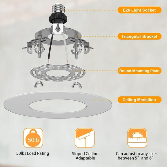 YJYASX-Recessed to Pendant Light Converter Kit 5 and 6 inch Can Light Conversion, Includes E26 Socket, Mounting Bracket, Round Ceiling Plate & White Cover