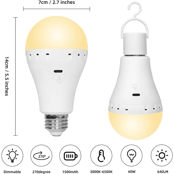 YJYASX-Rechargeable Emergency Light Bulb, ETL/FCC Certified, 1500mAh Battery Backup Led Light Bulbs, 3000/4500/6000K & Dimmable, 60W Equiv., Remote & Touch, Home/Power Outage/Camping, 4 Pack