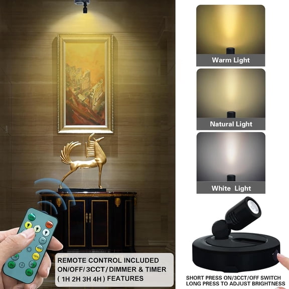 YJYASX-Rechargeable LED Spotlight, 3 Lighting Modes Indoor Spotlights, Battery Powered Spot Lights with Remote, Up Light for Plants, Timer Dimmable Picture Light for Wall Artwork-Black