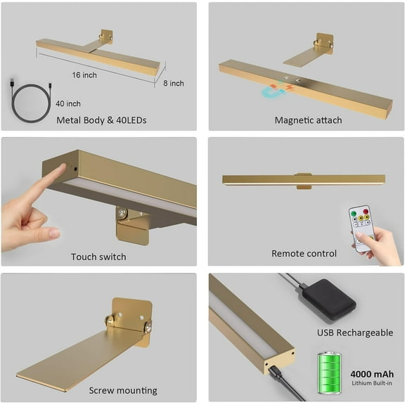 YJYASX-Rechargeable Picture Lights with Remote, 16" Battery Operated Painting Light Display Lamp with 3 Lighting Modes, Dimmable Dartboard Light with Timer for Frame Portrait Art, Metal Body