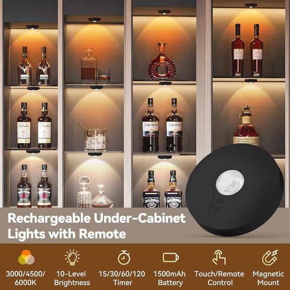 YJYASX-Rechargeable Puck Lights with Remote, 6 Pack Magnetic Under Cabinet Lighting, 1500mAh Battery Operated LED Tap Lights with Dimmer & Timmer for Kitchen, Closet, Shelf - 3 Color Temps, Black