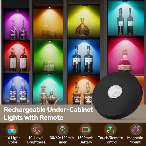 YJYASX-Rechargeable Puck Lights with Remote, 6 Pack Magnetic Under Cabinet Lighting, 1500mAh Battery Operated LED Tap Lights with Dimmer & Timmer for Kitchen, Closet, Shelf - 3 Color Temps & 12 RGB,