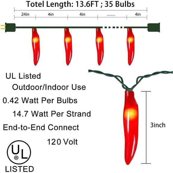 YJYASX-Red Chili Pepper String Lights, 13.6FT Chili String Lights with 35 Chili Pepper Lights, UL Listed Red Chili Room Lights for Outdoor/Indoor Garden Corridor Christmas Tree Decoration, Green Wire
