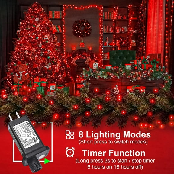 YJYASX-Red Christmas Lights Outdoor, 100FT 300 LED Christmas Tree Lights with 8 Modes Waterproof, Plug in Connectable String Twinkle Lights Green Wire for Indoor Patio Garden Xmas Holiday Decorations