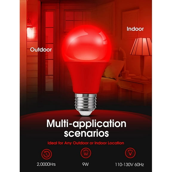 YJYASX-Red LED Light Bulbs, A19 9W (60W Equivalent) Christmas Red Colored Light Bulb Indoor, E26 Base, Non-Dim, 4 Pack