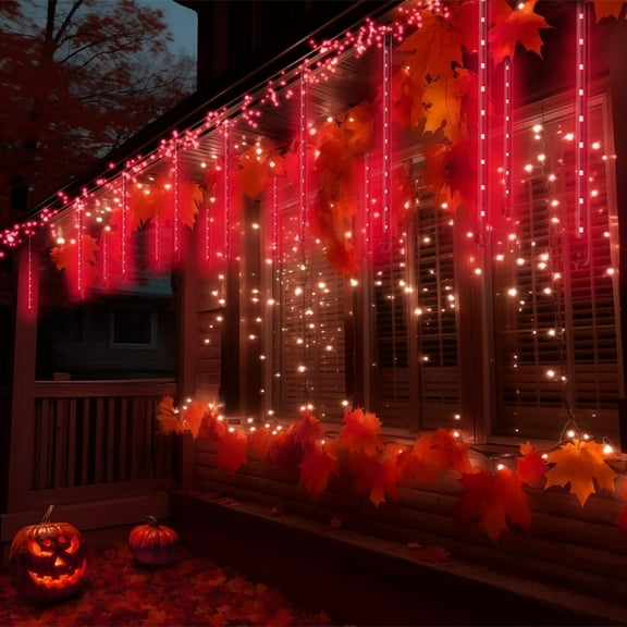 YJYASX-Red Led Halloween Lights Outdoor, Christmas Lights Outside, 8 Tube Snow Falling Rain Icicle String Light for Xmas Tree Party Thanksgiving Day Garden Camp Wedding Decorations, UL Plug