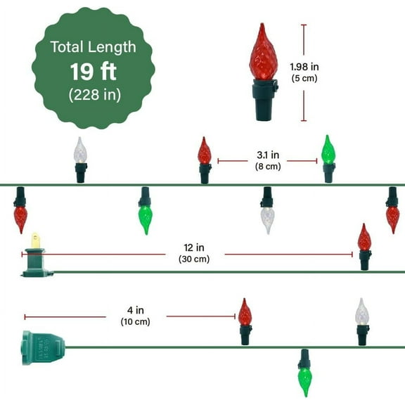 YJYASX-Red White and Green Christmas Lights, 19ft 70 LED Faceted C5 Glass Bulb Outdoor String Lights, Extendable Green Wire for Indoor Xmas Tree Garden Patio 120V ETL Certified