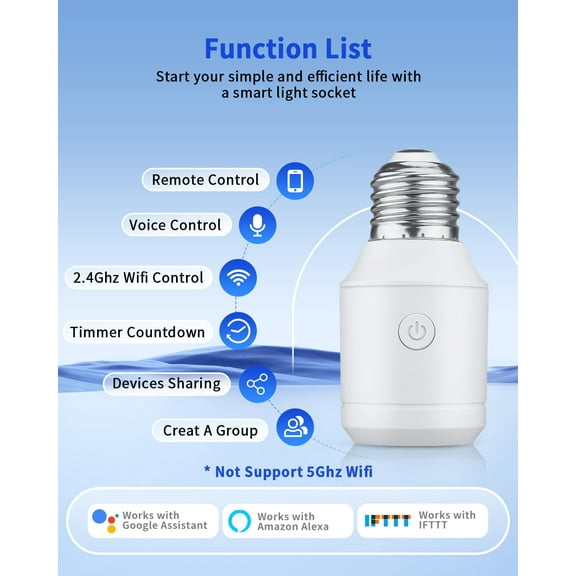 YJYASX-Remote Control Light Socket with Wifi(2.4G Only), Smart WiFi & Bluetooth & RF433 E26 E27 Light Bulb Adapter & Wireless Wall Switch, Remote and APP Control, Voice Control with Alexa and Google