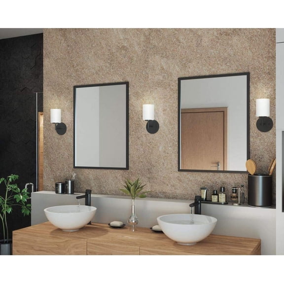 YJYASX-Replay Collection 1 Light Bathroom Vanity Light, Modern Bath Lighting Fixture with Etched White Glass Shades for Over The Mirror, Reversible Mounting, Textured Black