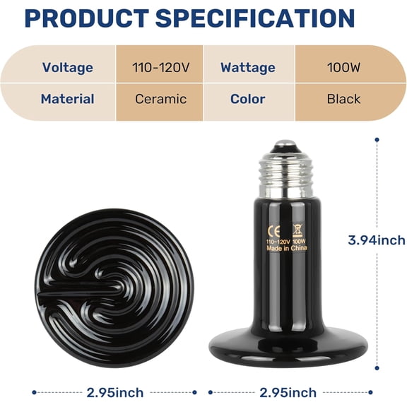 YJYASX-Reptile Heat Lamp 100W Ceramic Heat Emitter, No Light Emitting Heat Bulbs for Amphibian Pet Brooder Coop Incubating Chicken, Lizard Bearded Dragon Turtle Snake Terrarium, 2 Pack