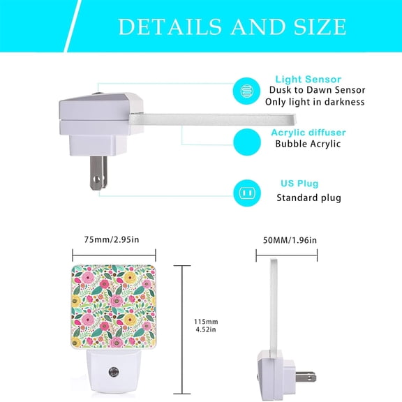 YJYASX-Retro Flowers Night Light,Spring Retro Rustic Flowers Night Lights Plug into Wall with Dusk to Dawn Light Sensors 0.5W Dim Night-Lights for Bedroom