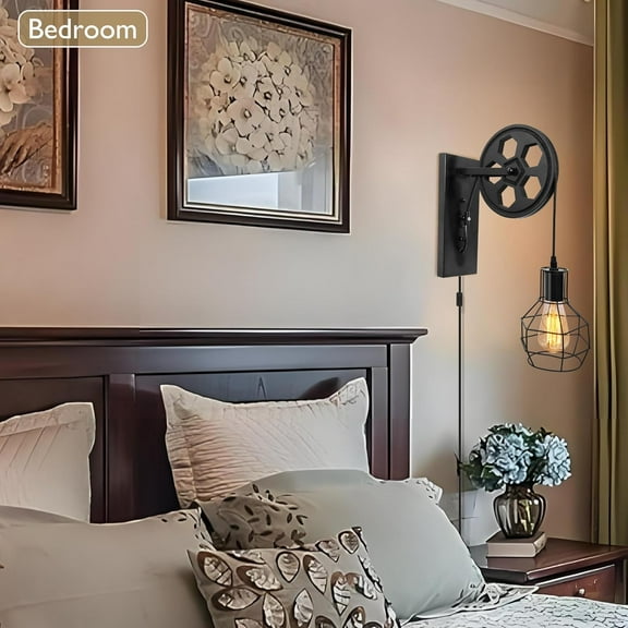 YJYASX-Rustic Plug in Wall Sconce Industrial Farmhouse Wall Lamp with Black Iron Cage & Wooden Pulley for Bedroom, Living Room, Hallway, Restaurant, Barn, Stairway, Dimmable Wall Light Fixture