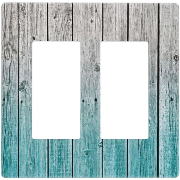 YJYASX-Rustic Teal Blue Wood Plank 2 Gang Double Rocker/Decora Light Switch Cover Decorative Outlet Wall Plate Electrical Faceplate Screwless